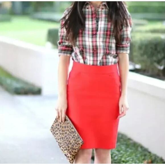 J. Crew Factory Poppy Red Cotton Pencil Skirt Size 8 - Picture 1 of 7